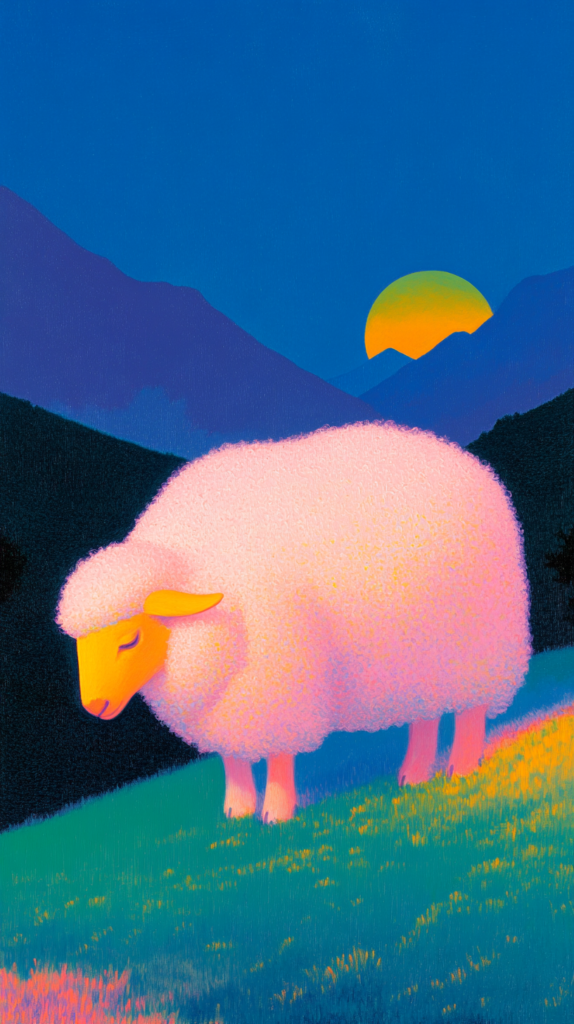 A dreamlike illustration of a fluffy wool pastel hills with fluffy sheep grazing