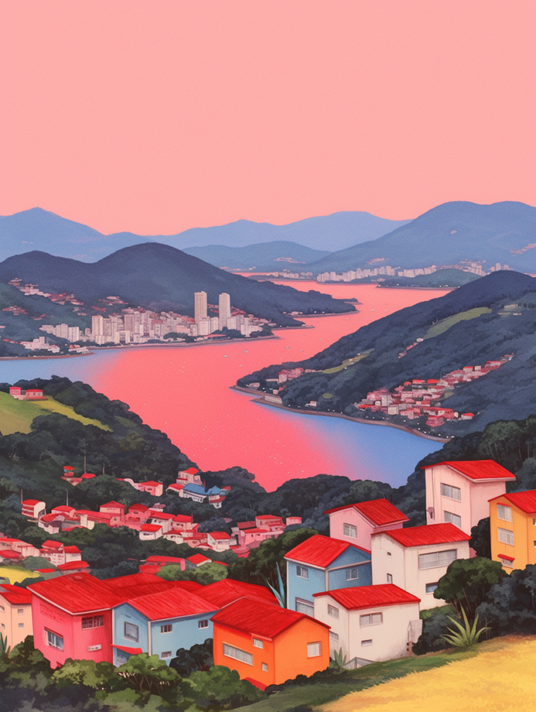 A vintage poster of Rio de Janeiro, overlooking the city and bay with soft tropical colors and a retro print style.