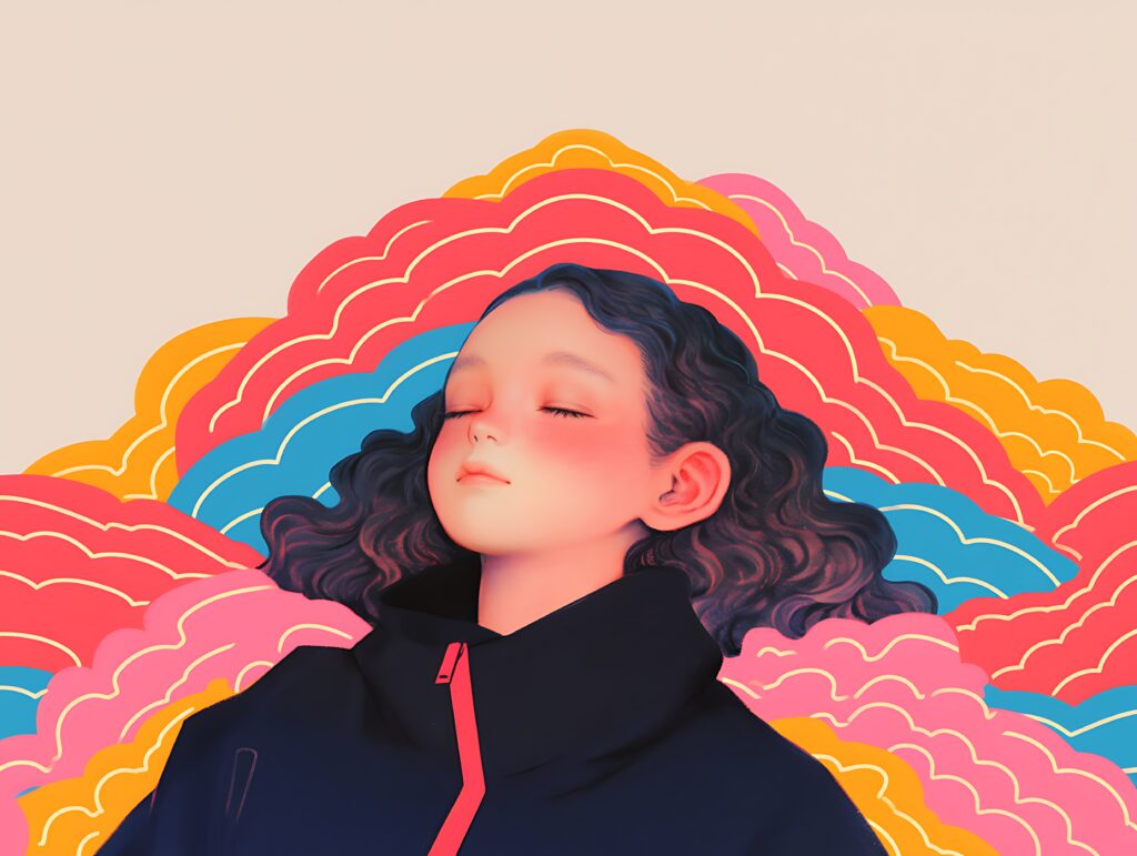 A digital illustration of a woman with long, wavy, dark brown hair lying on her back, surrounded by colorful, flowing waves of energy in the night sky, evoking tranquility and contemplation.