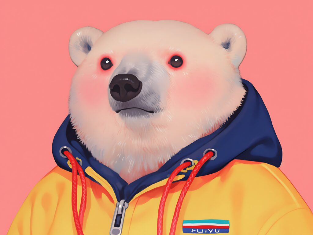 Illustration of a polar bear wearing urban clothing and a hip-hop outfit, depicted with attention to modern streetwear details.