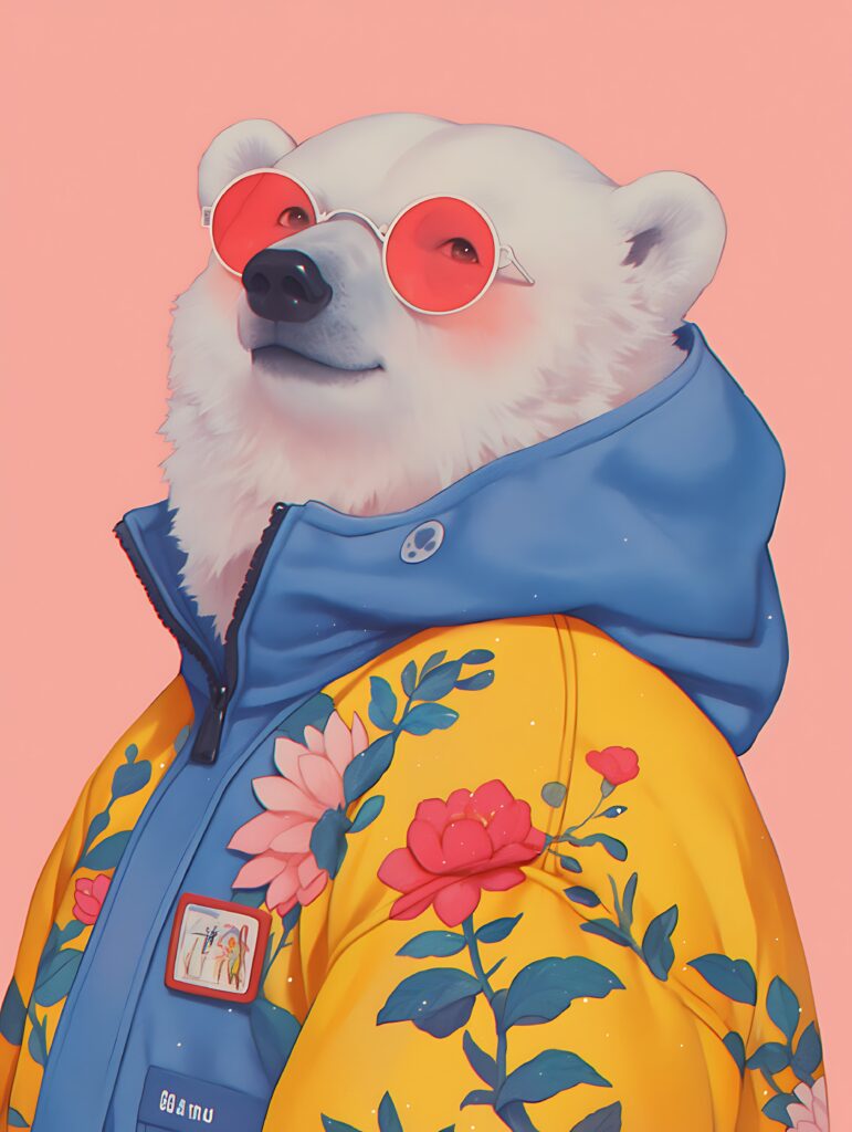 Illustration of a polar bear wearing urban clothing and a hip-hop outfit, depicted with attention to modern streetwear details.