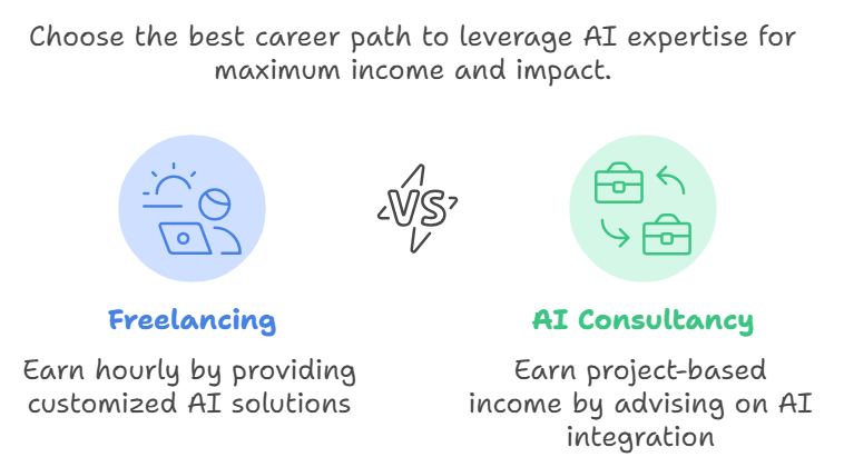 Infographic depicting freelancing and consultancy opportunities in generative AI, including potential income ranges and services like automating tasks, developing custom AI tools, and providing AI integration consultancy. 