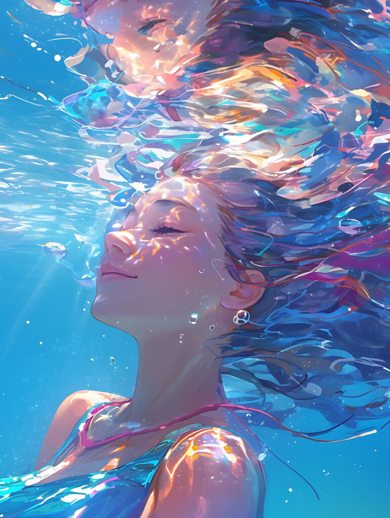An anime-style digital painting of a beautiful girl floating underwater with her eyes closed and hair flowing, bright sunlight casting rays through the water's shimmering surface, featuring vibrant pastel tones and soft textures.