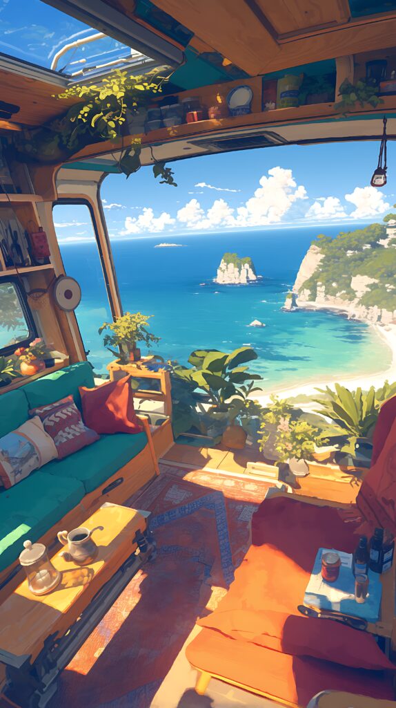 A cozy anime-style RV interior with colorful cushions, a table for two set against a sunset ocean view, warm lantern light, vibrant wall art, a patterned rug, and a potted plant by large windows.