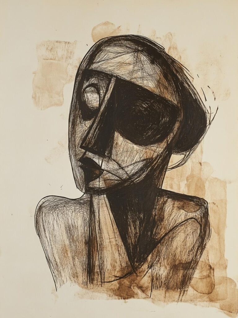 An abstract drawing of a female figure with elongated features, large eyes, and a blindfold covering her face. The artwork is rendered with thick, dark brown ink on light beige paper, featuring visible textures and a minimalist, raw style.