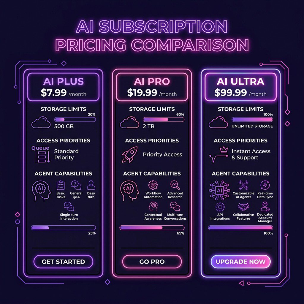 AI Subscription Pricing Tiers and feature breakdown. Source: Artimind Studio.