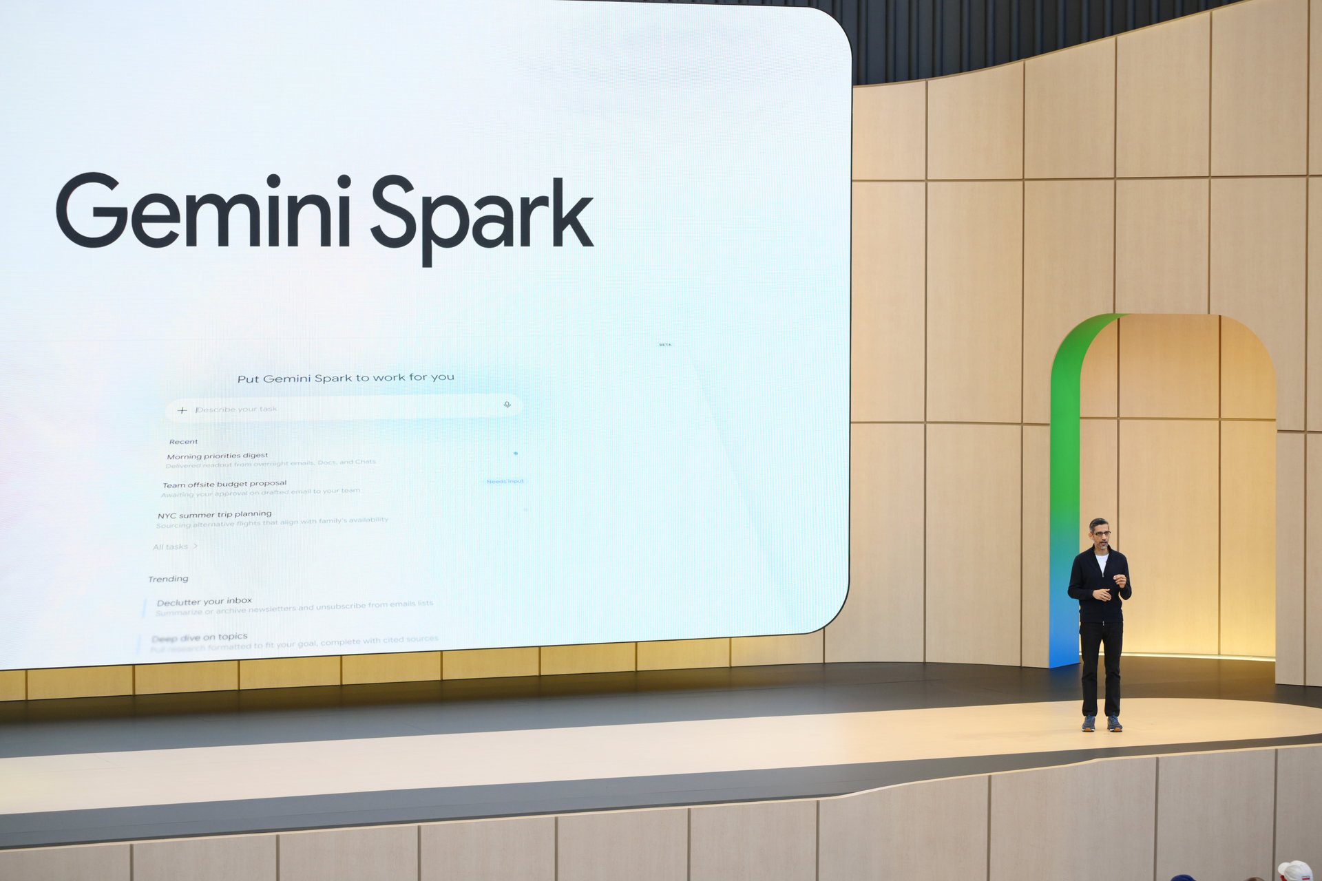 Sundar Pichai presenting Gemini Spark on stage at Google I/O 2026. Source: Getty Images / <a href="https://qz.com" target="_blank" rel="noopener">Quartz</a>.