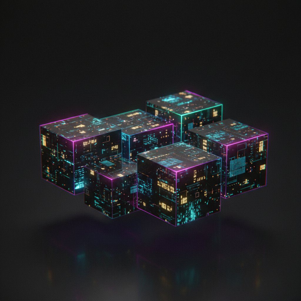 Chroma Glow 3D illustration of interlocking database modules