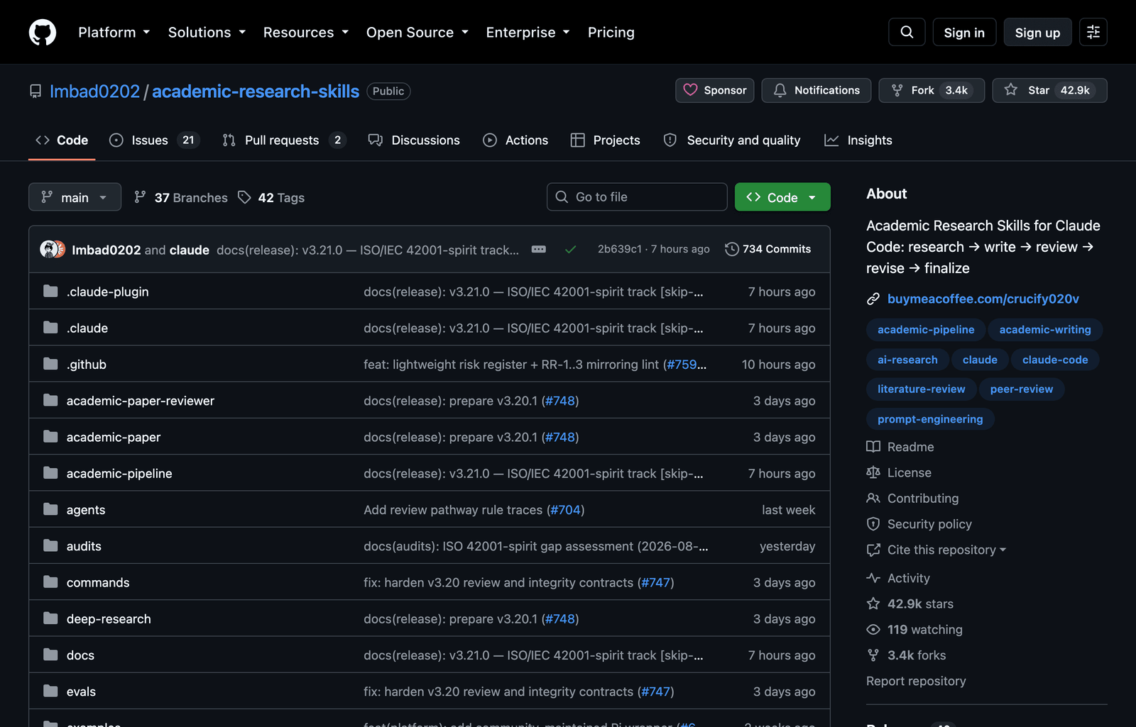 github.com/Imbad0202/academic-research-skills repository (dark theme)