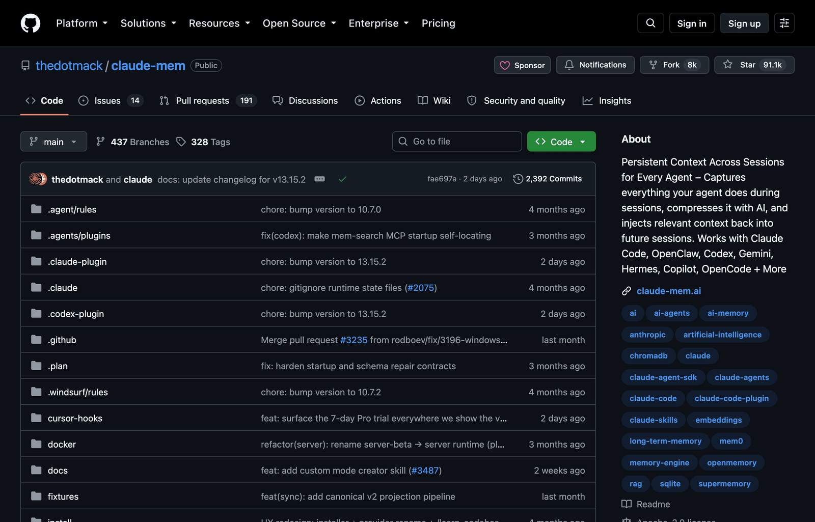 github.com/thedotmack/claude-mem repository (dark theme)