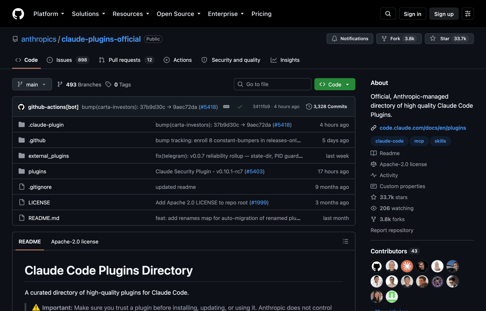 github.com/anthropics/claude-plugins-official repository (dark theme)