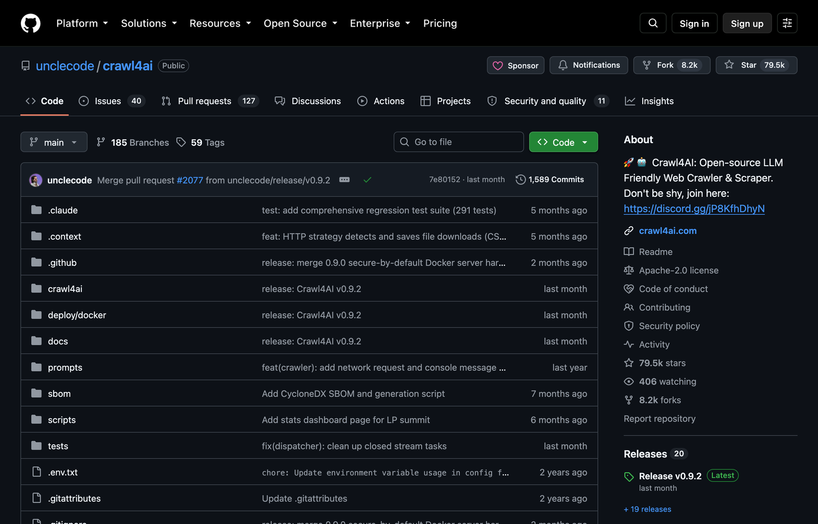 Crawl4AI GitHub repository in dark mode showing its crawler source tree, release, and project overview