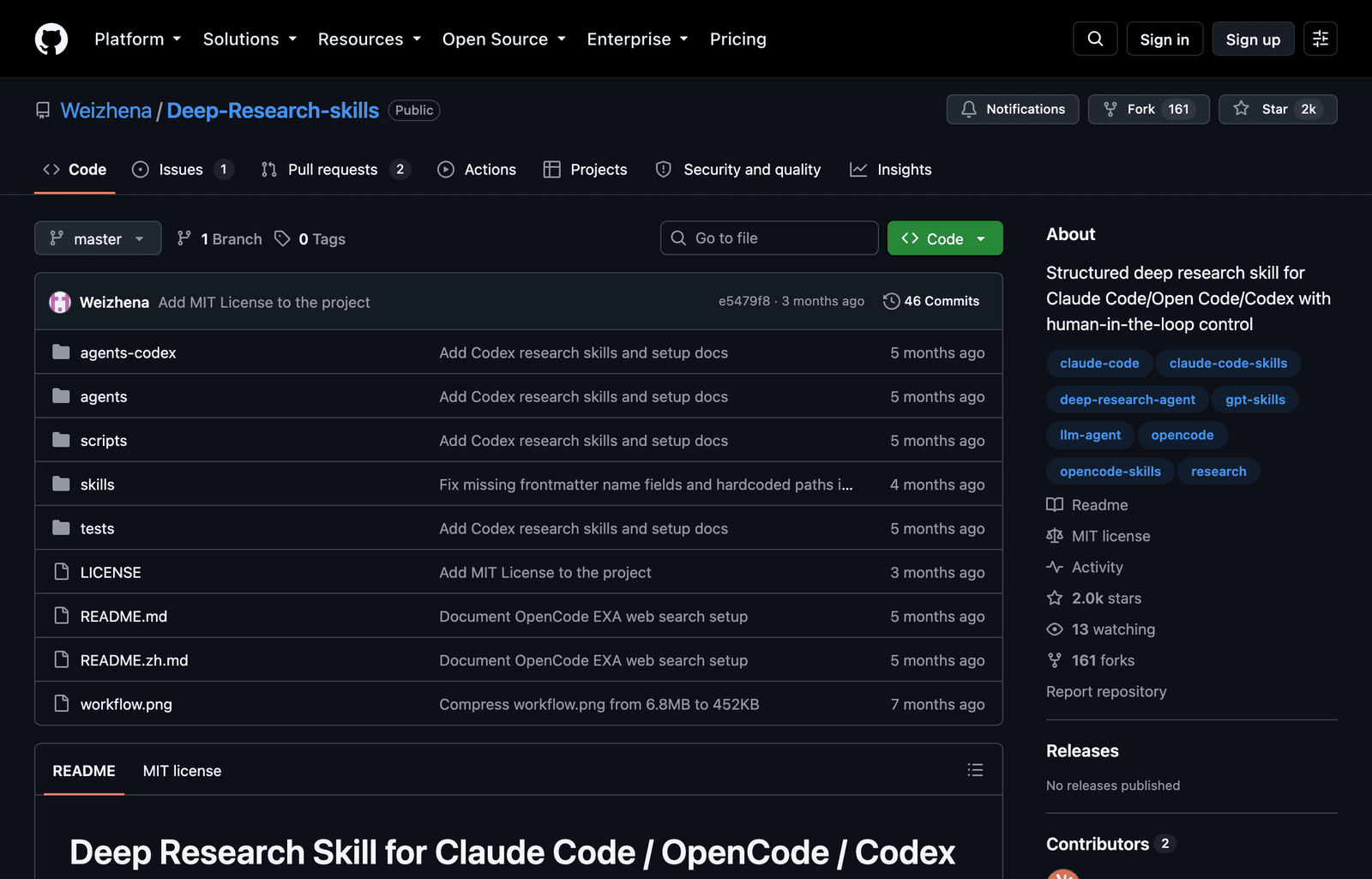 github.com/Weizhena/Deep-Research-skills repository (dark theme)