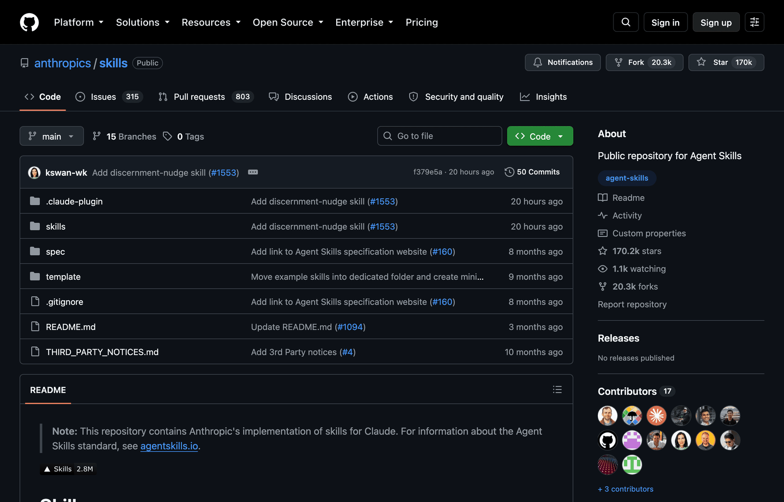 github.com/anthropics/skills repository (dark theme)