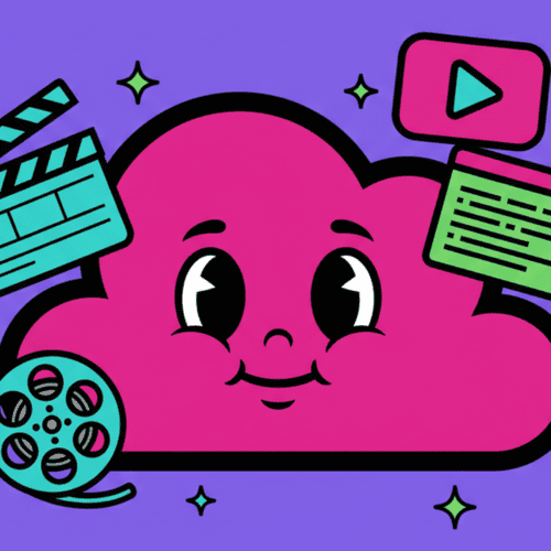2D pop-art mascot with video icons on electric violet background