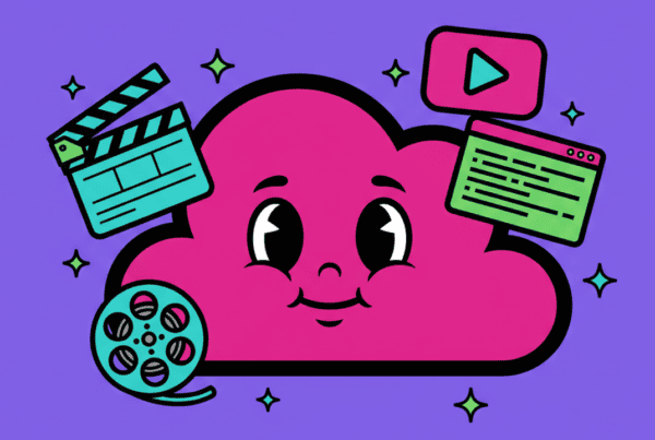 2D pop-art mascot with video icons on electric violet background