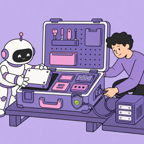 A robot and human assemble a modular plugin case connected to a server and permission shield