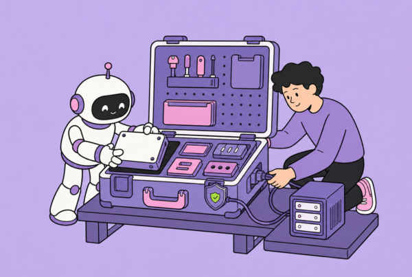 A robot and human assemble a modular plugin case connected to a server and permission shield