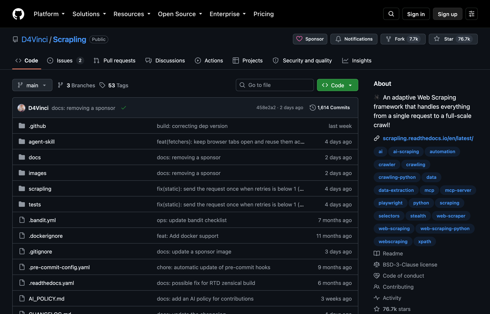 Scrapling GitHub repository in dark mode showing its source tree and adaptive web scraping project description