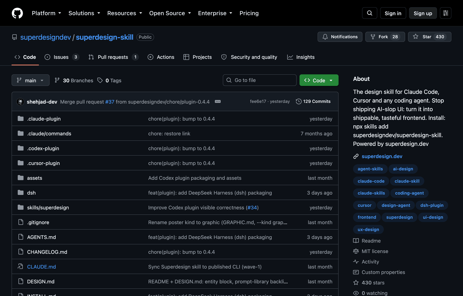 github.com/superdesigndev/superdesign-skill repository (dark theme)