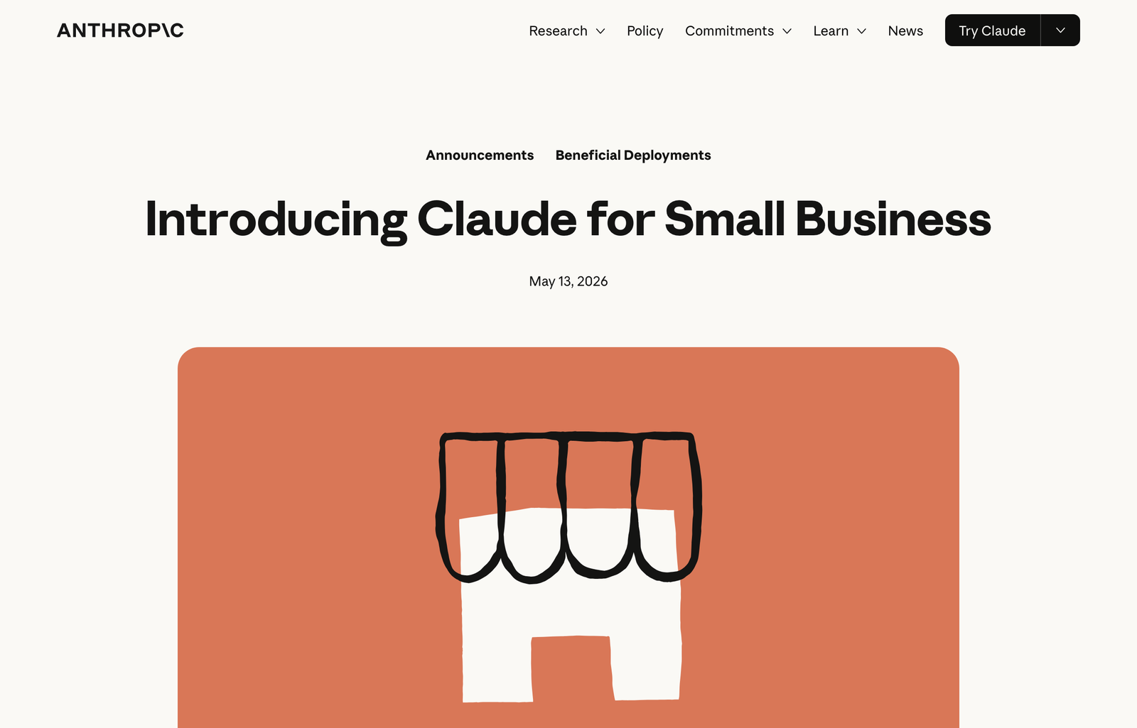 Anthropic Claude for Small Business announcement page showing pre-built agentic workflows and business integrations
