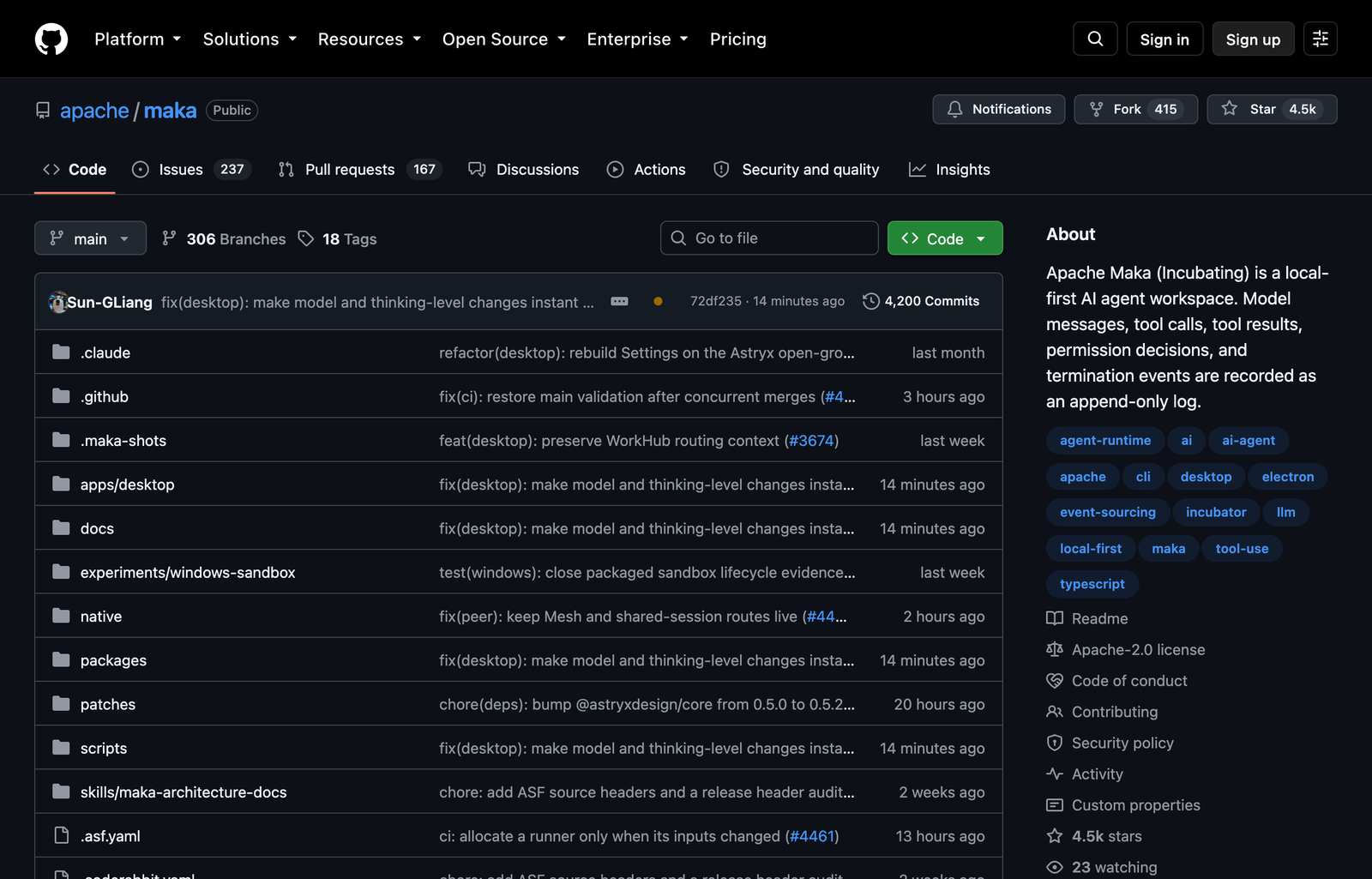 Apache Maka's GitHub repository showing its desktop app, runtime packages, documentation, experiments, and local agent workspace code