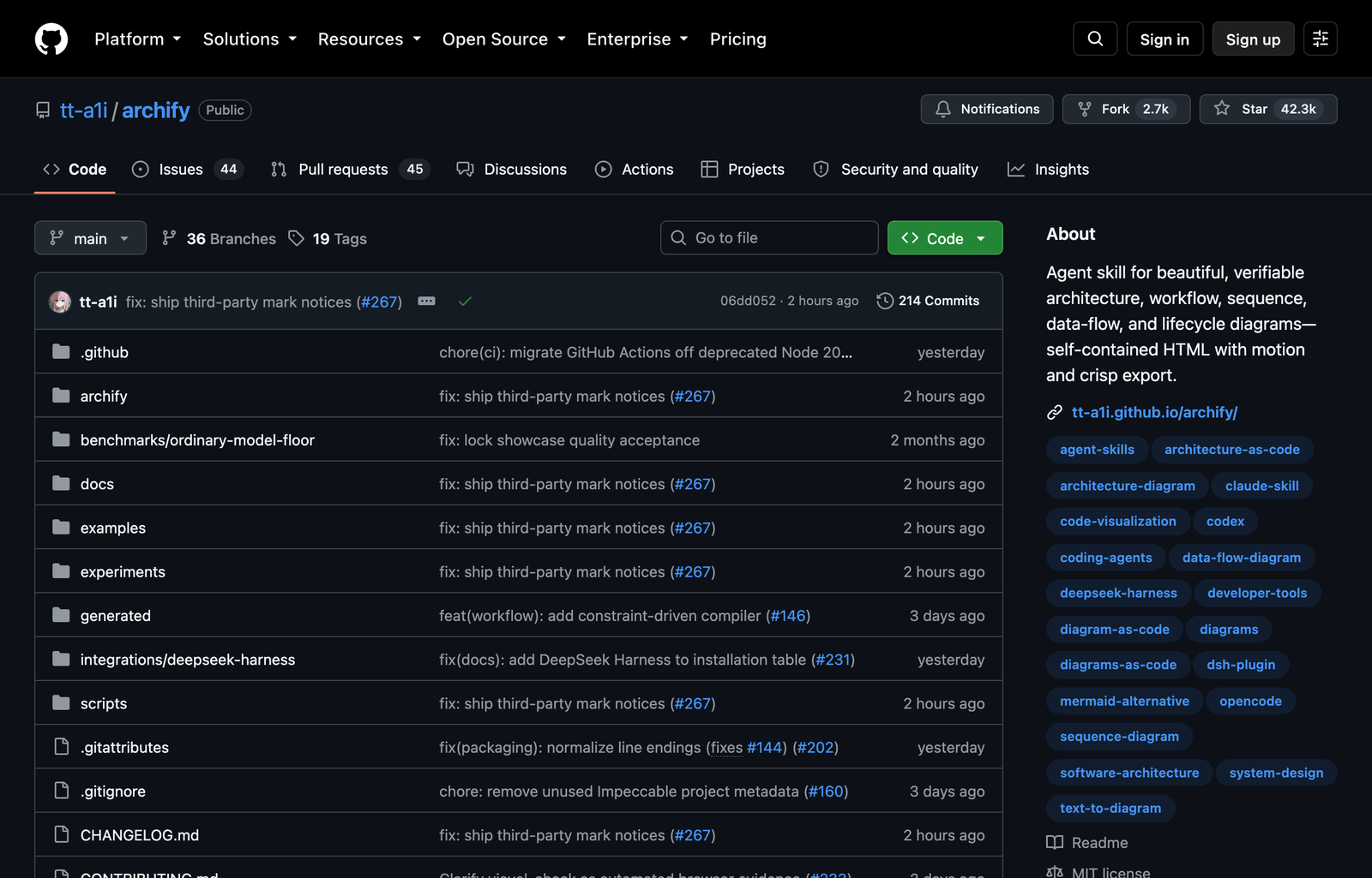 Archify's GitHub repository showing its agent skill, examples, validation tools, and architecture diagram documentation