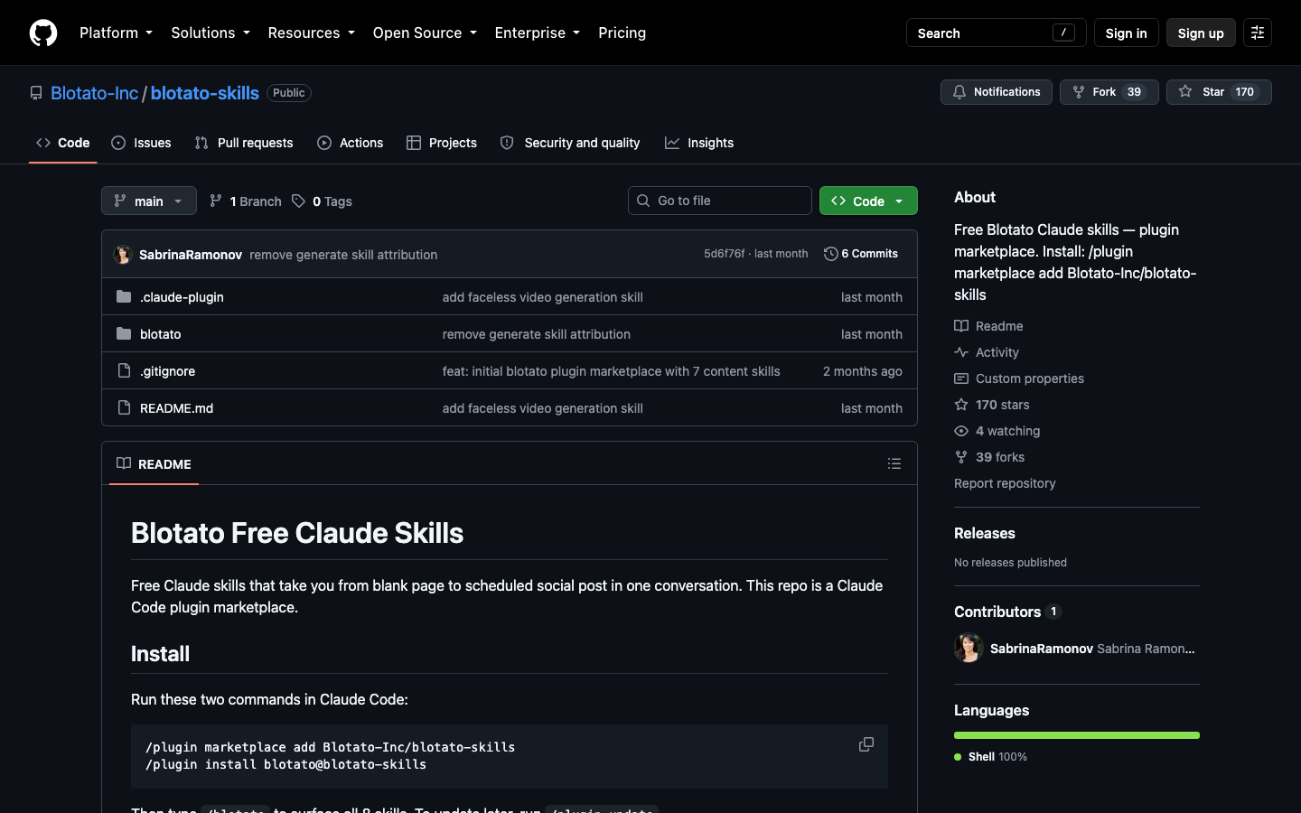 Blotato skills GitHub repository with plugin install commands