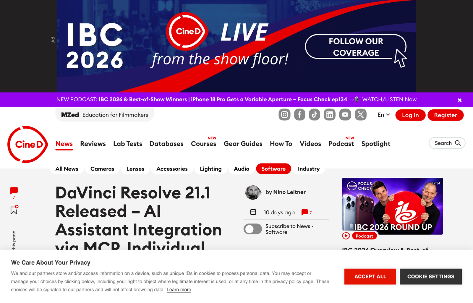 CineD coverage of DaVinci Resolve 21.1 release highlighting AI assistant integration via MCP