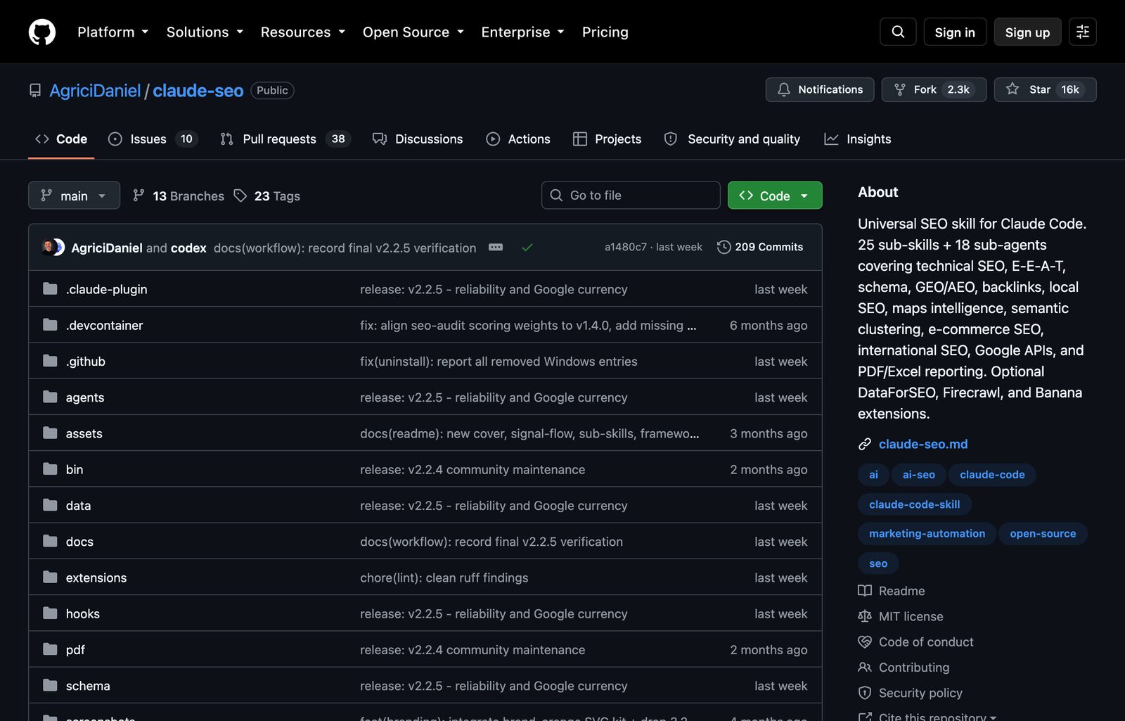 The Claude SEO GitHub repository showing its plugin folders, agents, skills, extensions, hooks, and documentation