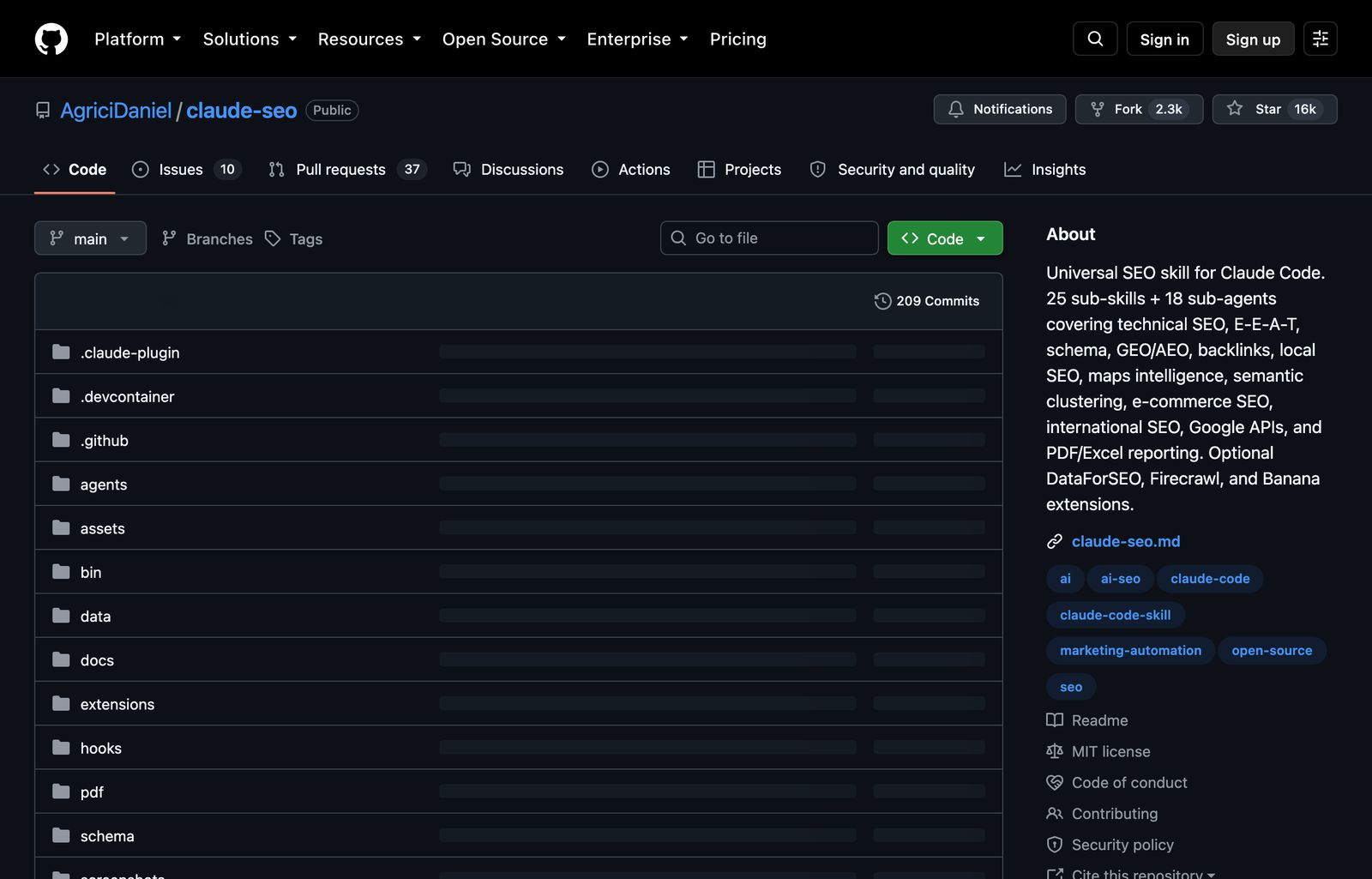 The AgricIDaniel Claude SEO GitHub repository showing its agents, skills, extensions, hooks, and schema directories