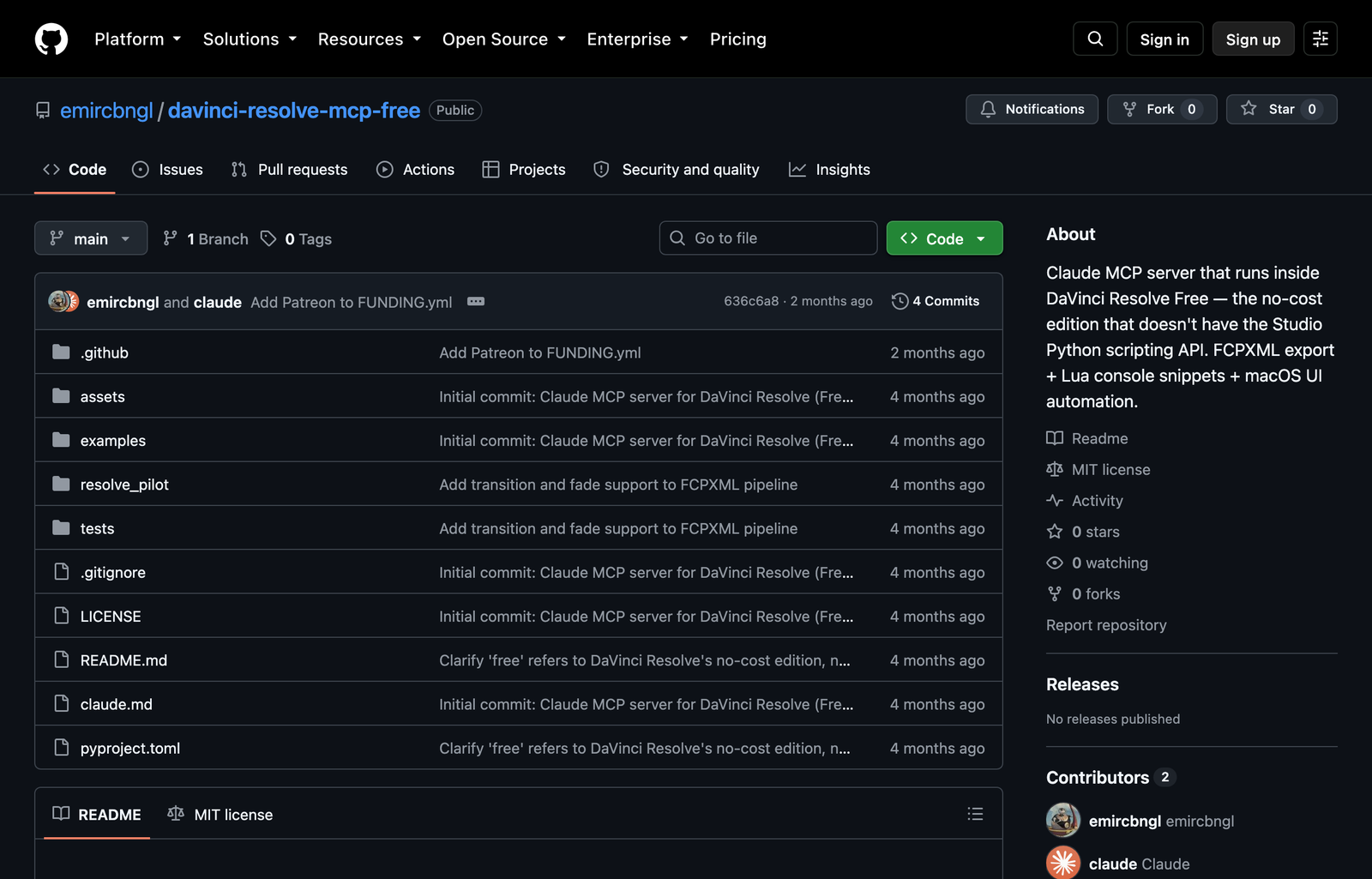emircbngl davinci-resolve-mcp-free GitHub repository enabling Claude MCP for DaVinci Resolve Free edition