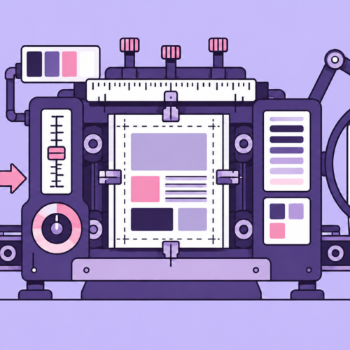 A flat editorial calibration machine turns a generic interface panel into a specific design and checks it through an inspection lens