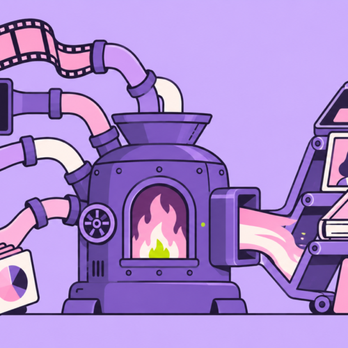 Editorial illustration of five open-source AI capabilities being routed through a service forge into client-ready video, agent, avatar, writing, and marketing deliverables