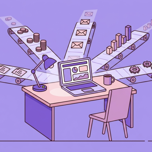 Editorial illustration of a solo workstation desk with laptop and five conveyor belts radiating outward carrying documents, coins, envelopes, charts, and gears representing one-person business output