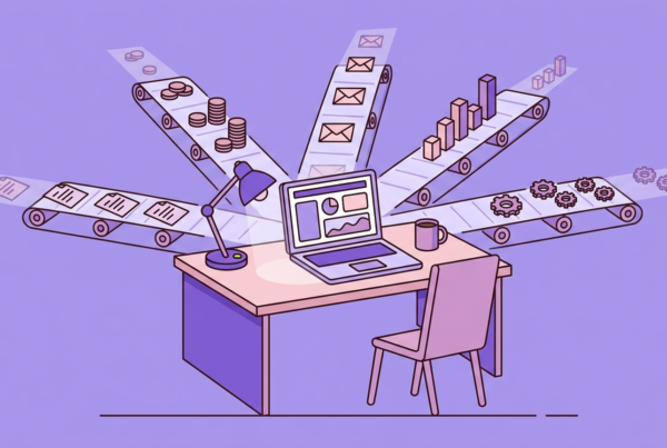 Editorial illustration of a solo workstation desk with laptop and five conveyor belts radiating outward carrying documents, coins, envelopes, charts, and gears representing one-person business output