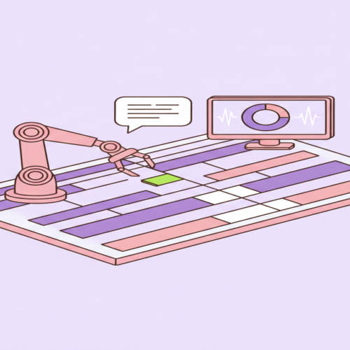 Editorial illustration of a robotic arm moving colored clip blocks on a video editing timeline with a chat bubble and monitoring display