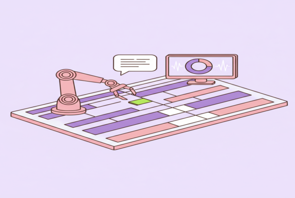 Editorial illustration of a robotic arm moving colored clip blocks on a video editing timeline with a chat bubble and monitoring display