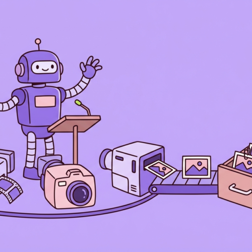 Robot conducting several image and video generators that feed a filing drawer of saved outputs