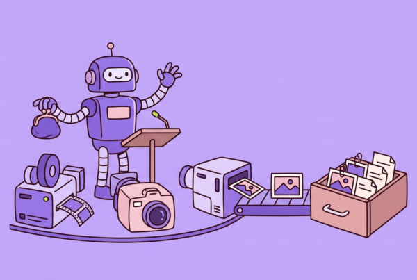 Robot conducting several image and video generators that feed a filing drawer of saved outputs