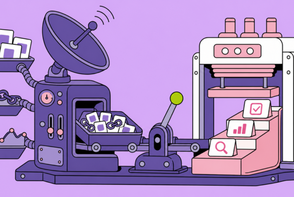 A two-part SEO machine gathers live search signals and sorts them into three prioritized action stages