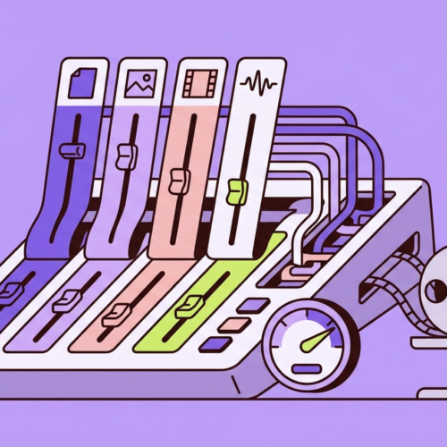Flat editorial illustration of a mixing console with four colored channel strips converging into a film reel output, representing AI agent orchestration for video production