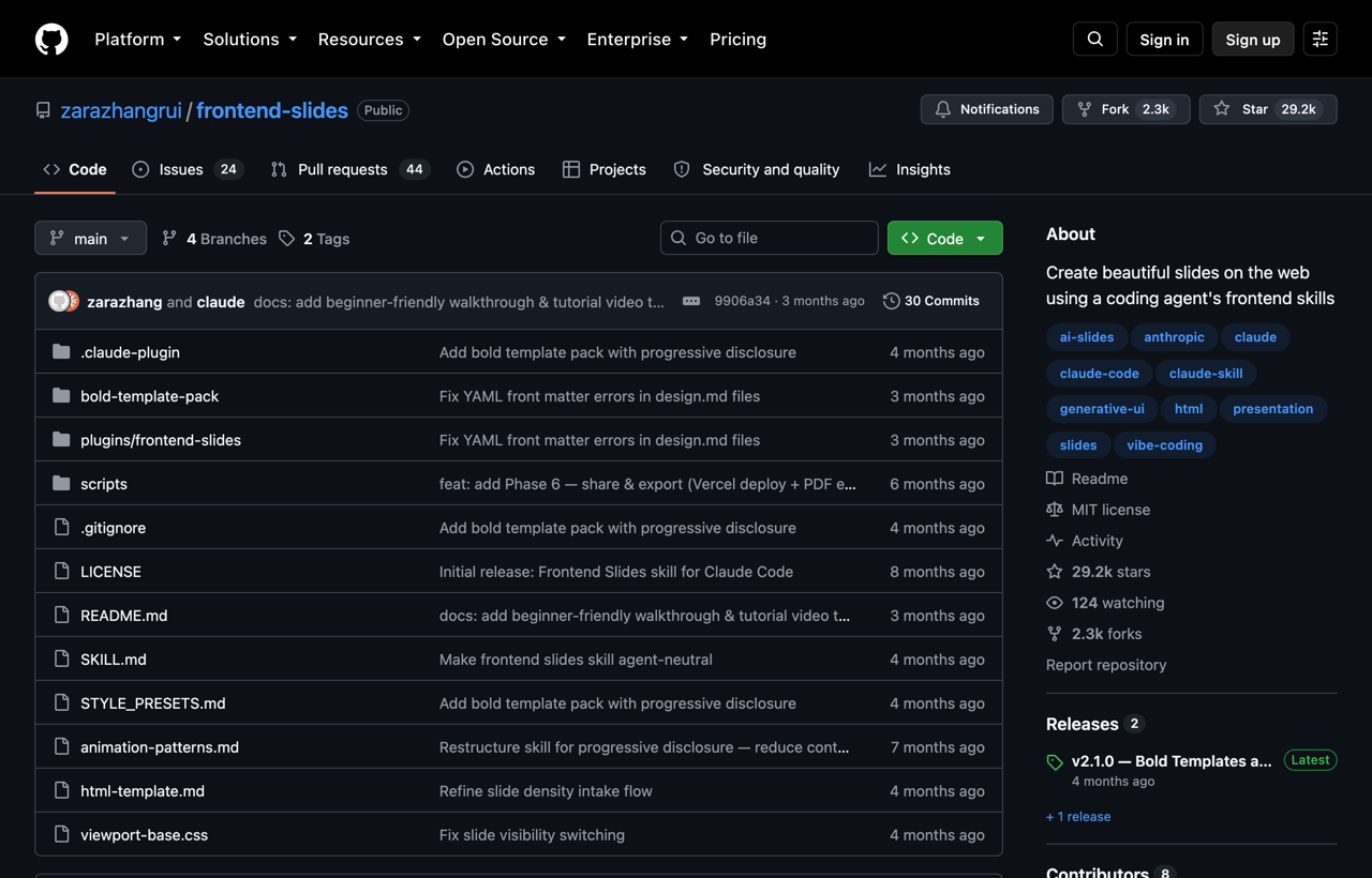 Frontend Slides repository showing its Claude Code plugin and presentation templates