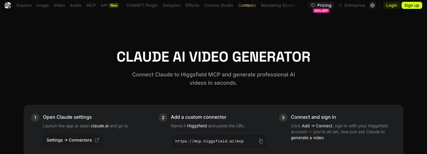 Higgsfield page showing the three steps to connect its MCP to Claude