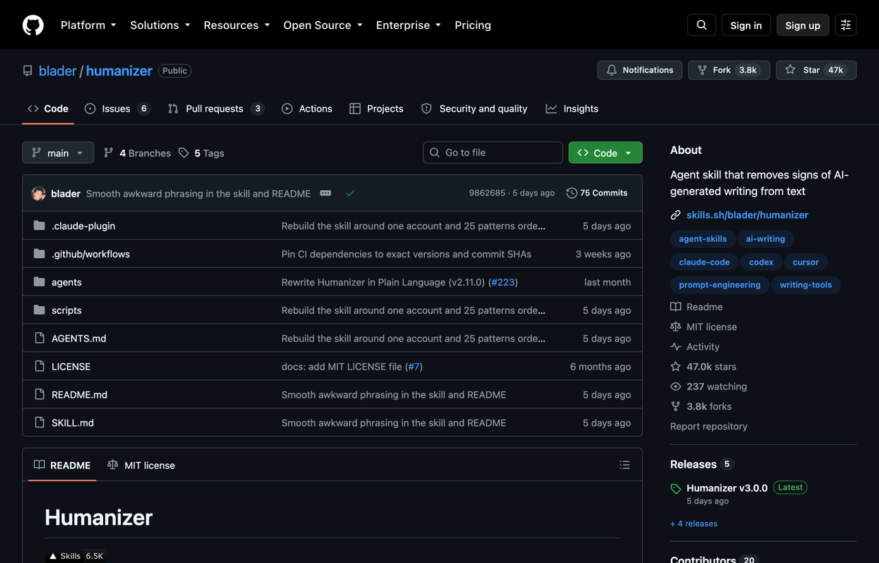 Humanizer repository showing its Claude Code skill files and writing workflow