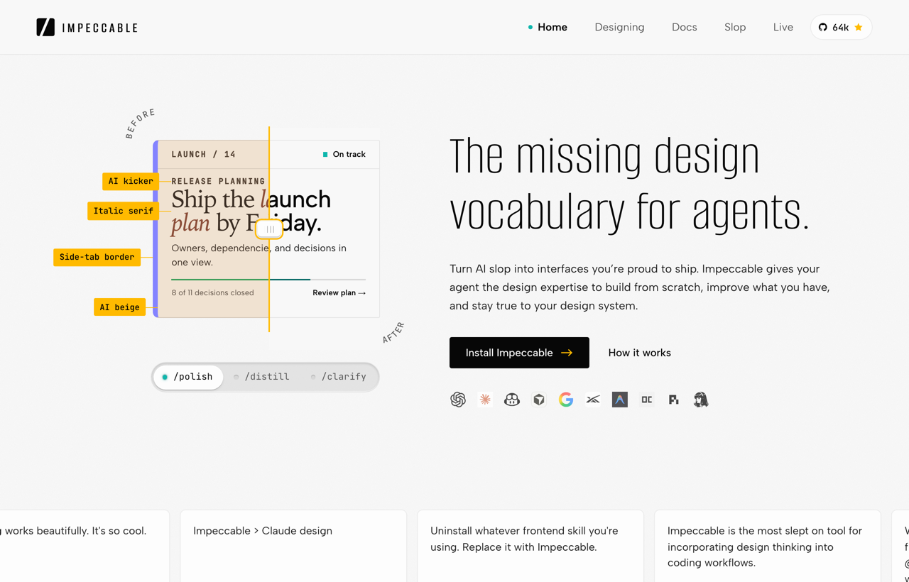 Impeccable homepage demonstrating its design vocabulary and focused commands