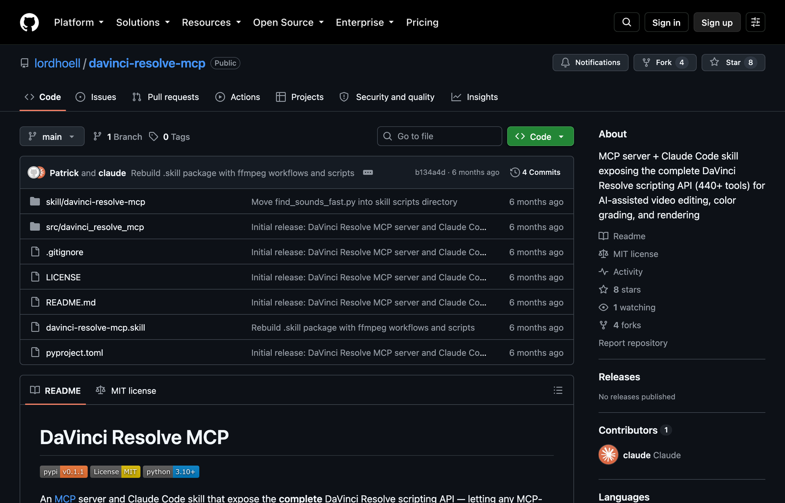 lordhoell davinci-resolve-mcp GitHub repository with 440+ tools for complete DaVinci Resolve API coverage