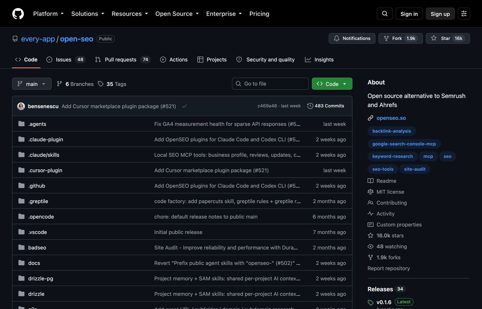 The every-app OpenSEO GitHub repository showing its agent, plugin, documentation, and application directories
