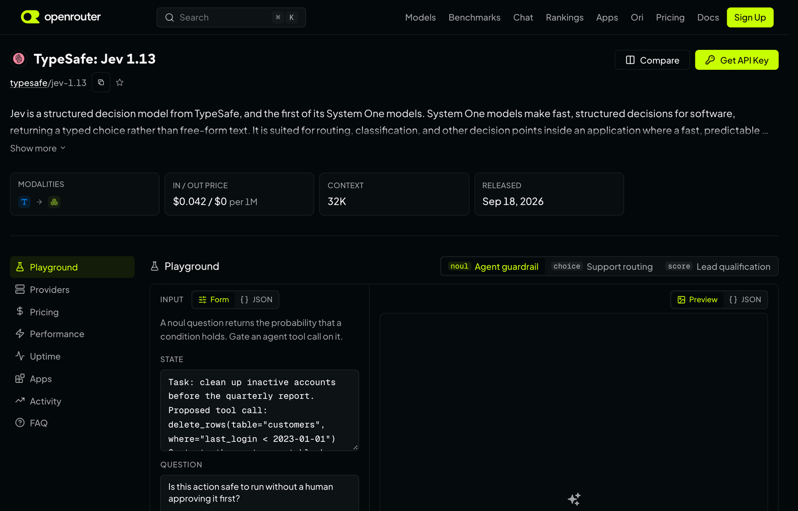 Jev 1.13 model listing on OpenRouter showing pricing and specifications