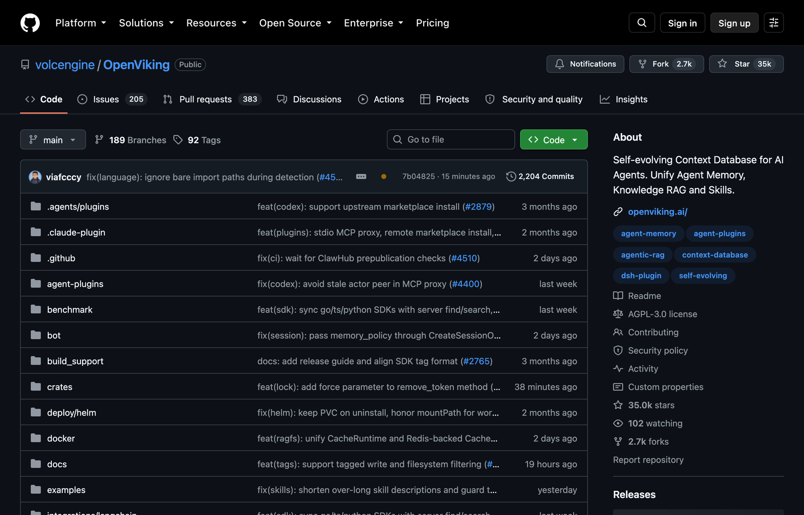 OpenViking's GitHub repository showing agent plugins, server components, documentation, and context database topics